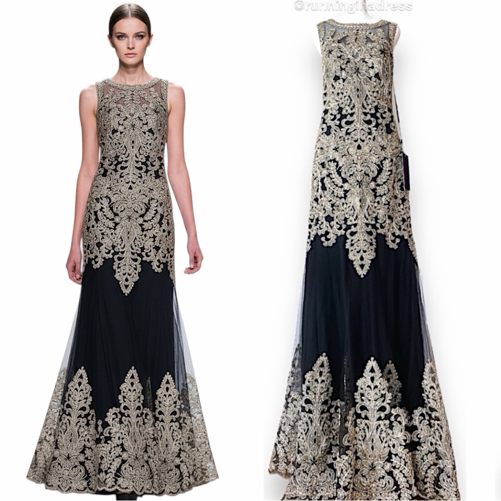 Royal Queen Collection Black & Gold Embroidered Full Length Formal Gown Size 8